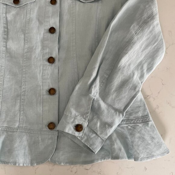 Coldwater Creek 100% Linen Button Down Jacket w Peplum Hem Powder Blue Sz S - Picture 2 of 9
